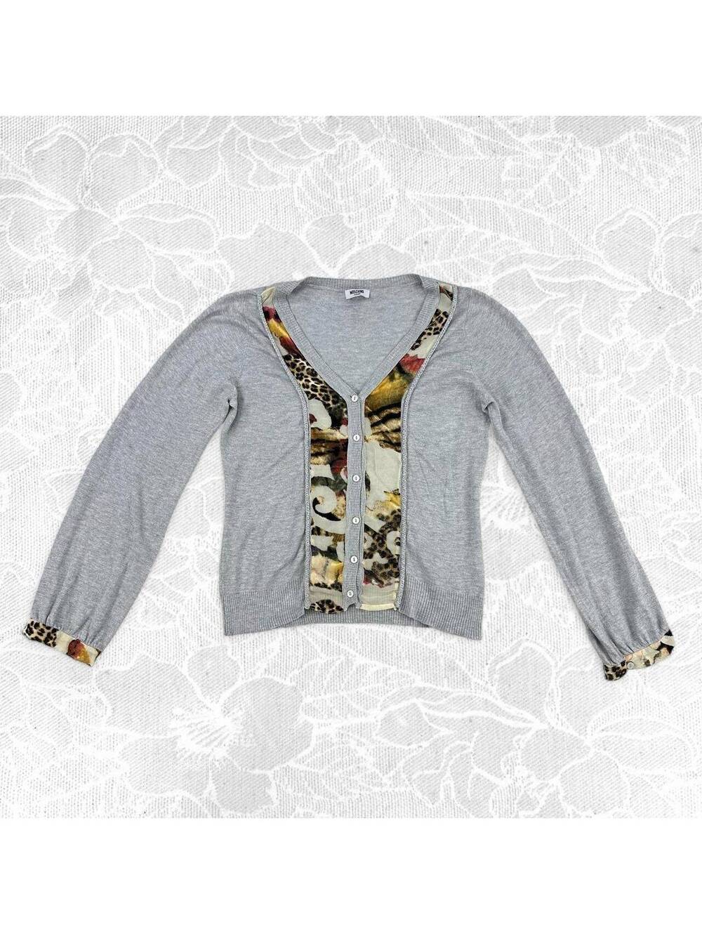 Moschino Jeans Vintage Women's Gray Cardigan with Animal Print Trim - M